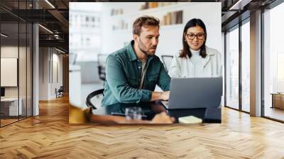 Business man using a laptop in a meeting with his team Wall mural