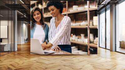 Young female ceramists using a laptop together in their store Wall mural