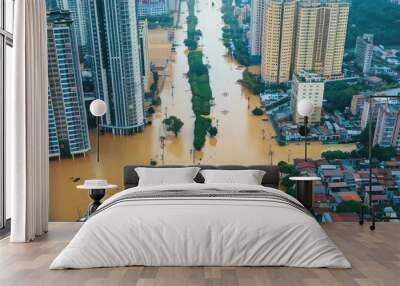 A ariel view of the city flooded with water, natural disaster. Wall mural