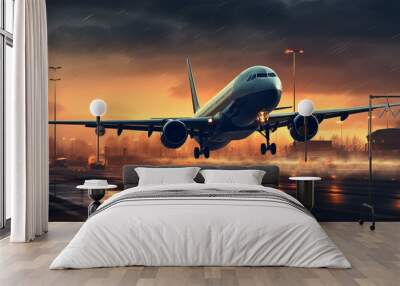 A large aircraft lands on a lighted runway at sunset. Travel concept. Wall mural