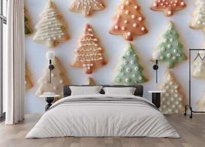 Colorful Christmas Tree Cookies on White Background. Wall mural