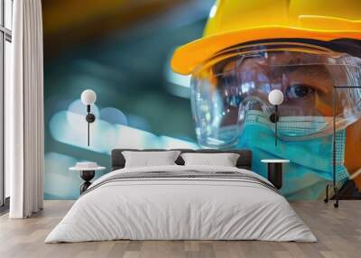 Woman wearing safety gear and mask in industrial setting. Wall mural