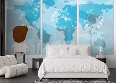 businessman or manager looking out of big window looking global map of the world with a great city view Wall mural