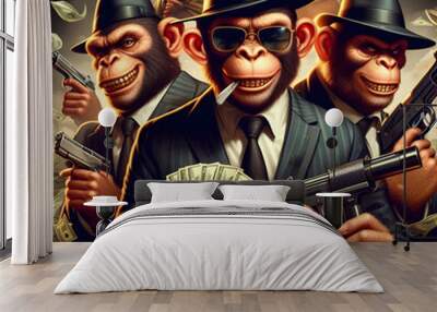 A Group of Monkeys holding guns and weapons and money everywhere known as Monkeys Gang Wall mural