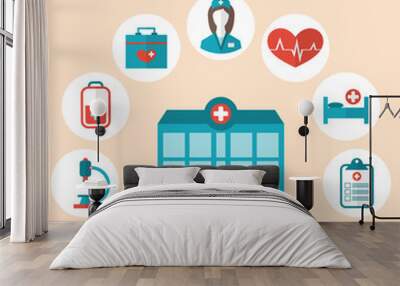 Flat trendy icons of hospital and another medical objects, moder Wall mural