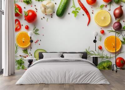 banner made of various vegetables and fruits isolated on white, top view Wall mural