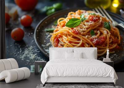 classic italian spaghetti pasta with tomato sauce, parmesan cheese and basil on plate, dark table, selective focus Wall mural