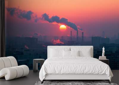 factory chimneys smoke on sunset over industrial city, environmental pollution problems Wall mural