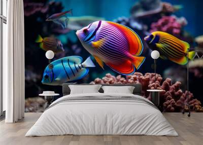 fishes close-up in tropical sea underwater multicolored on coral reef, aquarium oceanarium, wildlife, marine snorkel diving Wall mural