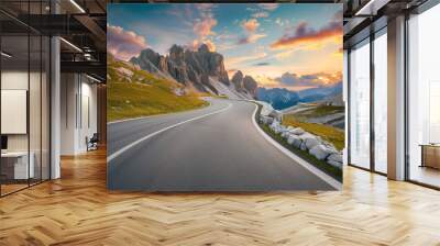 road mountain curved, sunset, roadway, rocks mountains, landscape with empty highway Wall mural