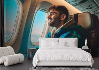 smile man in blue zip-up jacket and sweater sitting in seat in airplane and looking out window Wall mural