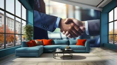 two businessmen shaking hands in an office, close-up, finishing up meeting, jackets Wall mural