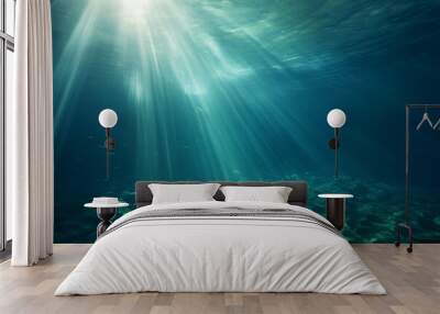 underwater, rays of sunlight penetrating from the surface, waves above, nobody Wall mural