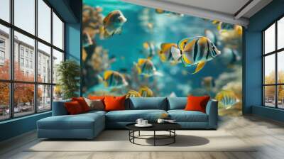 A colorful school of tropical fish swimming together in clear blue water, with coral reefs in the background. Wall mural