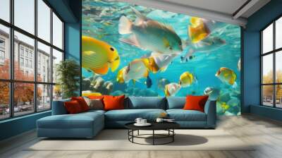 A colorful school of tropical fish swimming together in clear blue water, with coral reefs in the background. Wall mural