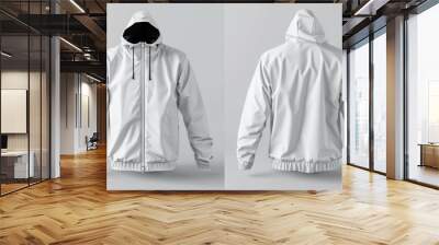 Design mockup of white windbreaker jacket from front and back perspectives. Concept Sure, I can help you create a design mockup of a white windbreaker jacket from both front and back perspectives Wall mural