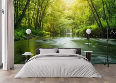 A tranquil river flowing gently through a lush green forest, with soft sunlight filtering through the trees Wall mural