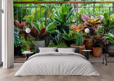 A variety of potted plants arranged on a wooden deck, with different shapes and sizes of pots Wall mural