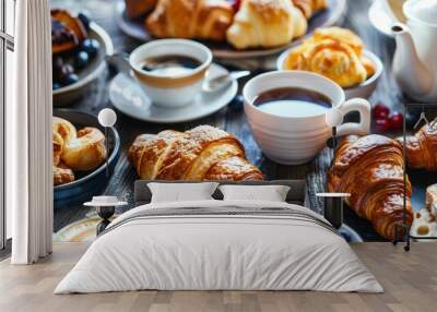 breakfast table with coffee, croissants, bread and pastry.  Wall mural