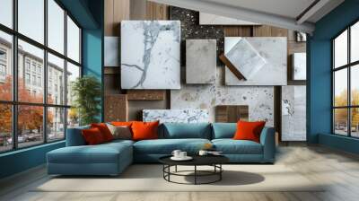 interior design material sample moodboard with luxury surfaces like marble and wood Wall mural