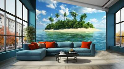 Tropical Paradise: An idyllic tropical island with lush greenery, white sandy beaches, and a clear blue sky. Room for text on the smooth sand or in the sky.  Wall mural