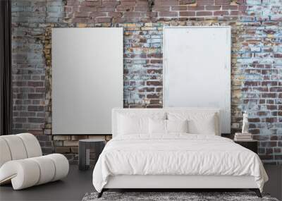 Two blank empty white vertical posters on a textured brick wall for mockup display.  Wall mural