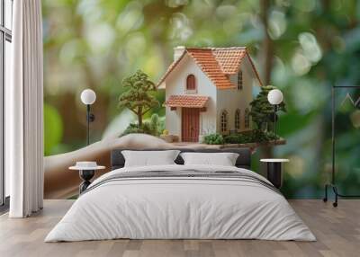 Woman hands holding a beautiful modern tiled roof house model , real estate concept image. Wall mural