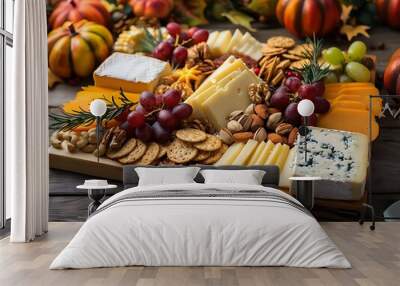 A beautifully arranged Thanksgiving cheese board with a variety of cheeses fruits nuts and crackers set on a wooden table with autumn-themed decorations Wall mural