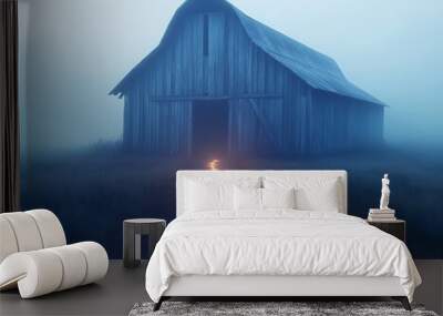 A dilapidated barn stands alone in a foggy field with eerie light glowing through the cracks in the wood Wall mural