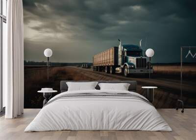 A cargo truck is driving along the highway against the backdrop of a landscape, at night. Cargo transportation concept. AI generated Wall mural