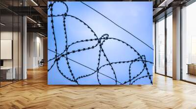 Barbed wire view from below, against the blue sky Wall mural