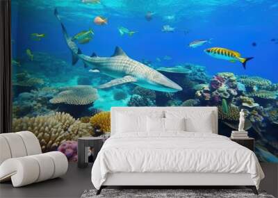 Group of colorful fish and sea animals with colorful coral. Reef with a variety of hard and soft corals and tropical fish. Tropical vacation. Generative AI Wall mural