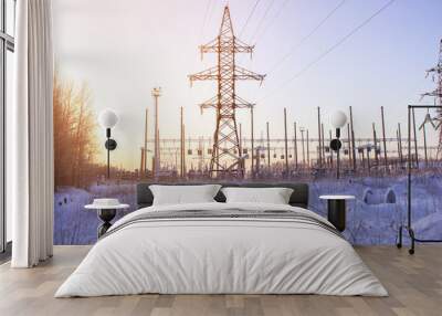 High voltage power lines in the winter. Winter landscape. Wall mural