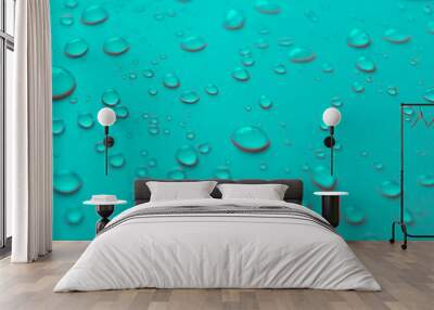 Many different drops of water rain on a turquoise background, close up Wall mural