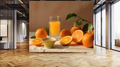 Orange juice in a mug on the table with orange. Summer delicious drink on a orange background. AI generated Wall mural