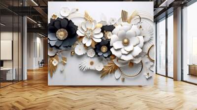 3d mural illustration white background with golden jewelry and flowers, in black decorative wallpaper Wall mural