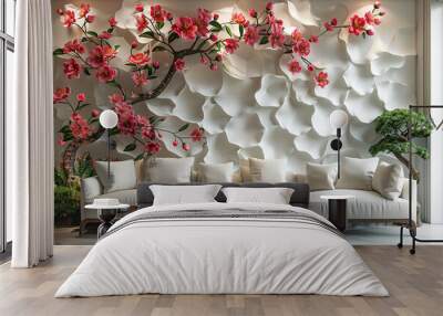 A sophisticated 3D mural illustration with a floral arrangement on a white background, set against a rich wallpaper pattern. Wall mural