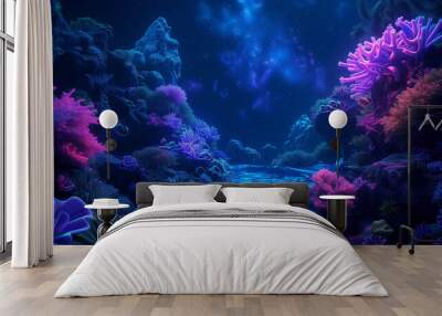 Coral reef in tank with ultraviolet light. Wall mural