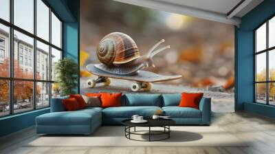 Fast snail on a skateboard Wall mural