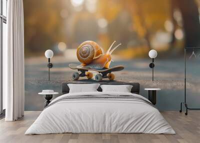 Snail on a skateboard on autumn background Wall mural