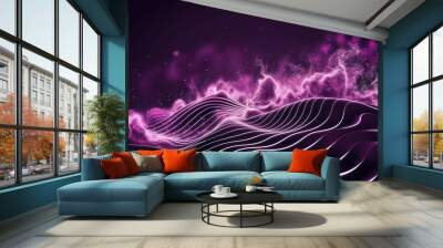  Futuristic abstract background featuring purple digital wave patterns and flowing particles. Textured backdrop with dynamic dust particles in motion. Wall mural