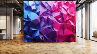 3D low poly abstract geometric backdrop featuring modern gradient hues A surface with blue red and violet gradients complemented by 3D objects set against a grid Wall mural