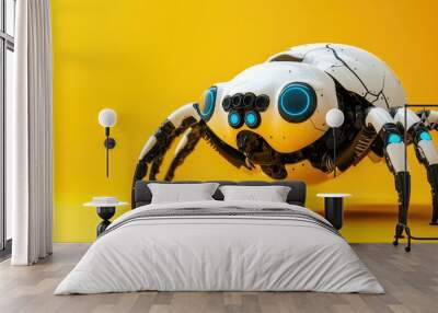 3D rendered illustration of a spider robot in white black and blue against a vibrant yellow background Wall mural