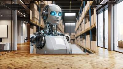 3D rendered robot featuring automation in a warehouse setting with cardboard boxes Wall mural