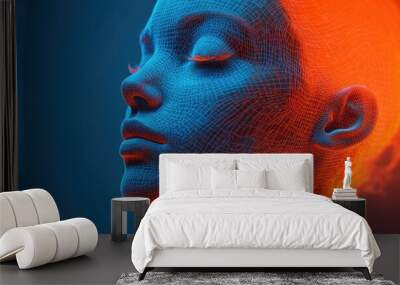 3D wireframe representation of a young female face against an orange blue backdrop symbolizing technology cyborgs digital avatars science fiction and futuristic concepts Wall mural