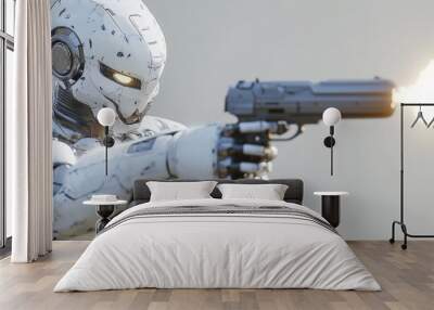 A 3D illustration of a robotic soldier in action firing a pistol Wall mural