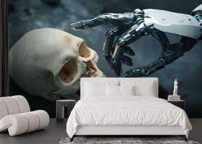 A futuristic depiction of a robotic metal hand examining a human skull against a dark eerie backdrop 3D rendering Wall mural