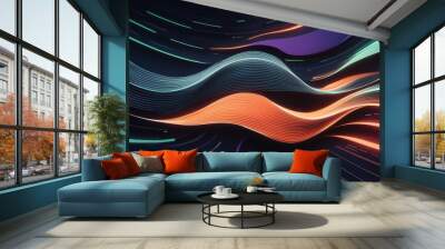 Abstract data visualization with geometric waving lines in dark blue, orange, and green gradients. Futuristic design featuring purple, navy blue, and red color transitions. Wall mural