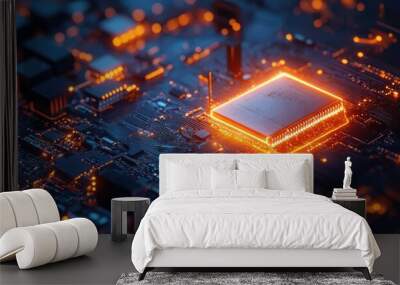 Cybersecurity concept featuring a microchip alongside a distorted padlock symbol 3D graphic representation Wall mural