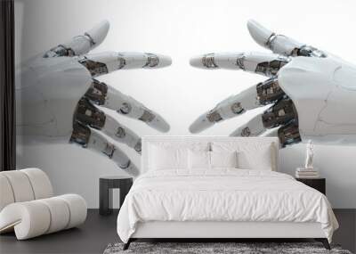 Cyborg and robotic hands with palms facing up isolated on a white background illustrating concepts of reaching or presentation Wall mural